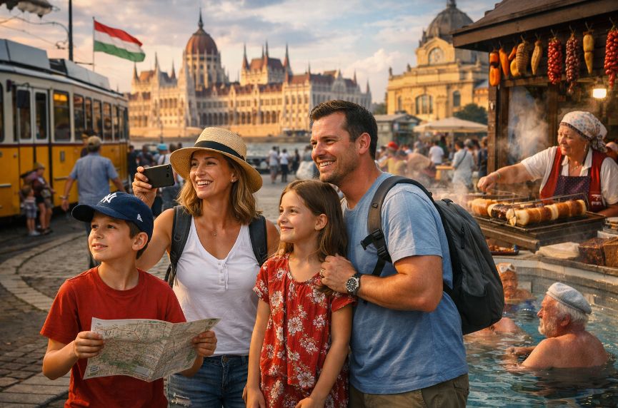 Family of four visiting Budapest, exploring Hungarian culture near Parliament and Széchenyi Thermal Bath, enjoying local street food and vibrant city life in a realistic travel scene.