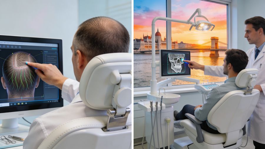 Photorealistic image of a modern Budapest clinic interior showing a patient in a hair transplant consultation on one side and another patient in a high-tech dental chair reviewing implant scans with a dentist, highlighting Hungary’s cosmetic and dental tourism options.