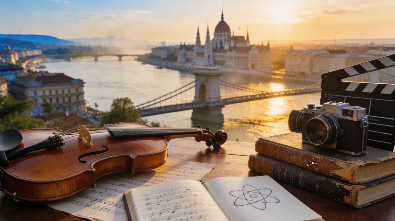 Symbolic scene on a wooden desk with a violin, sheet music, scientific books, a notebook with an atom sketch, and a vintage film camera in front of Budapest’s Parliament and Chain Bridge at sunset, representing famous Hungarians in music, science and the arts.