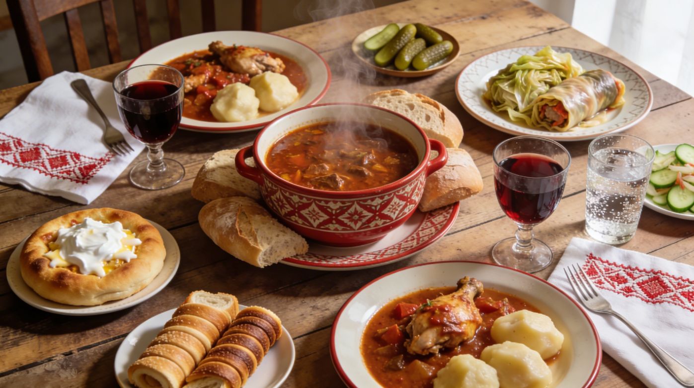 Overhead view of a rustic wooden table filled with traditional Hungarian cuisine, including goulash, chicken paprikash, lángos, stuffed cabbage and chimney cake, styled for a food and travel page.