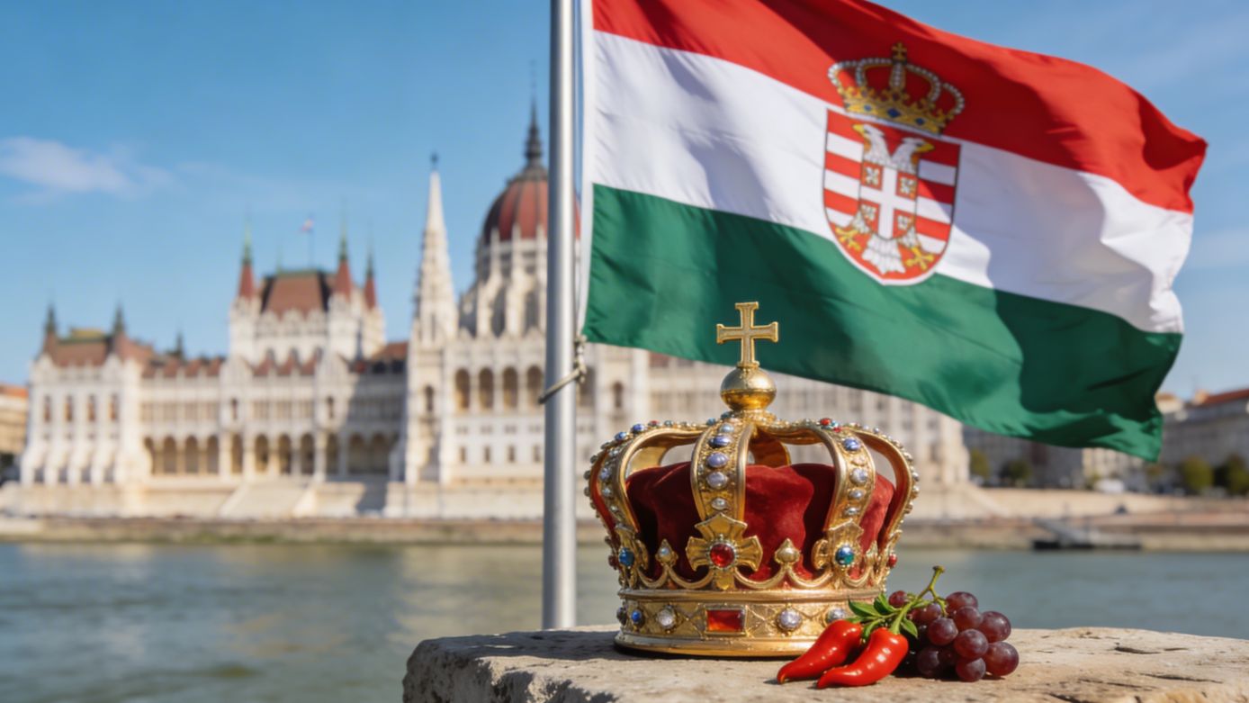 Photorealistic scene with the Hungarian tricolour flag and coat of arms waving beside a golden Holy Crown on stone, with red paprika and grapes in front of Budapest’s Parliament building by the Danube.