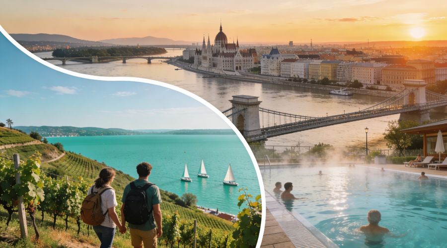 Photorealistic collage-style view of Hungary showing a couple overlooking Lake Balaton vineyards, a thermal spa pool with bathers, and Budapest’s Parliament and Chain Bridge at sunset, representing city, lakeside and medical tourism.