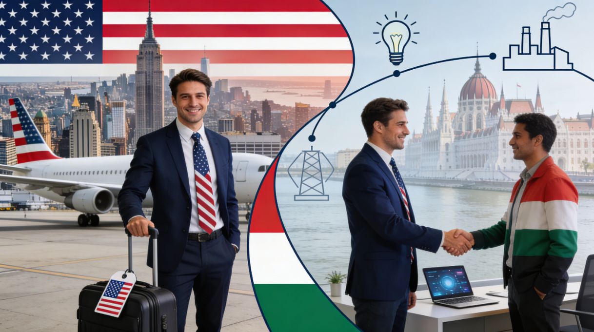 Hungarian American entrepreneur shaking hands with a partner in a modern Budapest office, symbolising return from the US to Hungary to start a business.