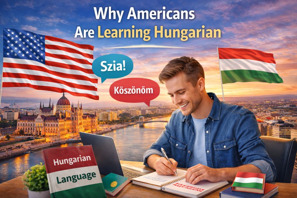 American student learning the Hungarian language with Budapest Parliament in the background, US and Hungarian flags, and Hungarian words like "Szia" and "Köszönöm".