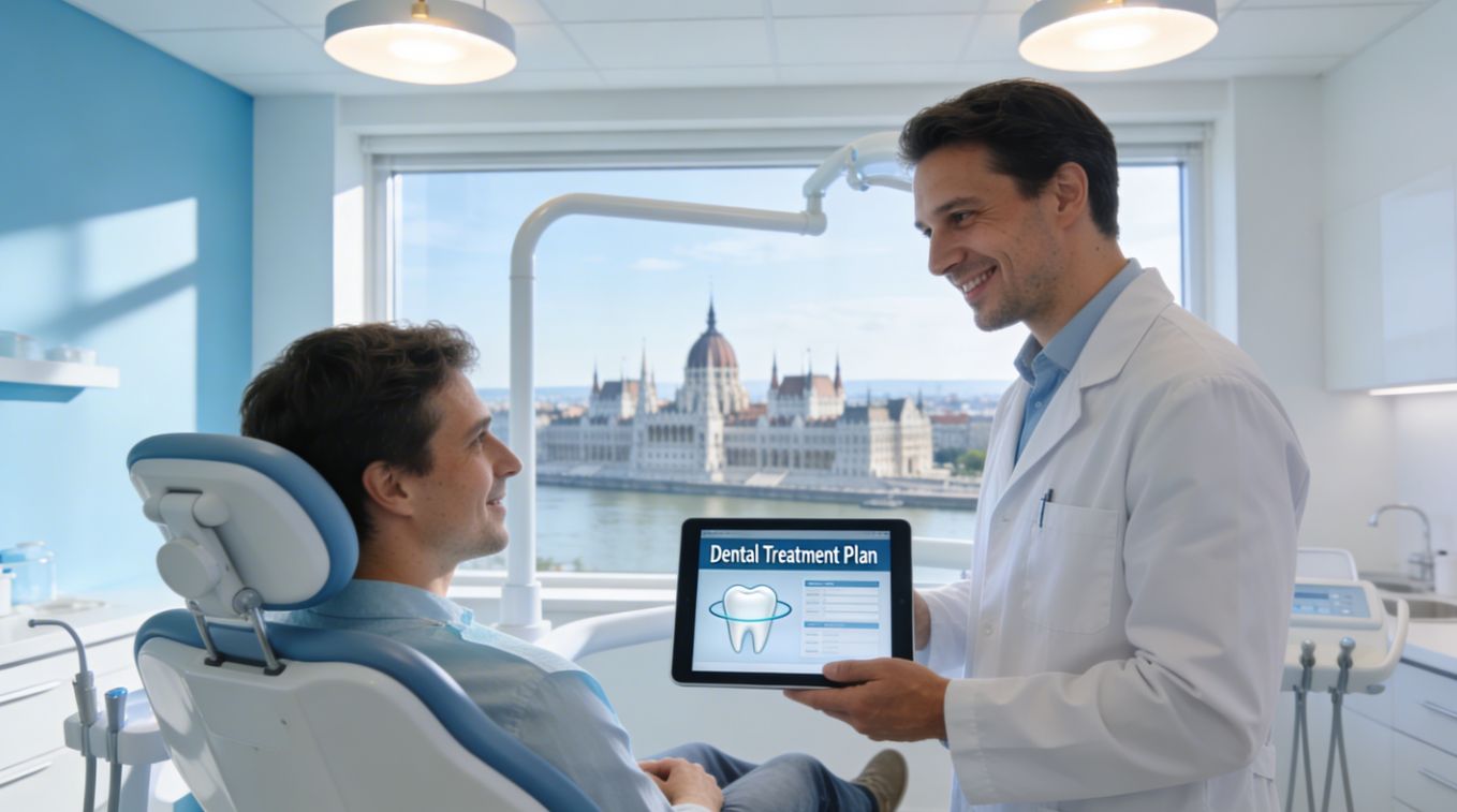 Photorealistic Budapest dental clinic with dentist and patient reviewing treatment plan by window showing blurred Parliament and Danube River view