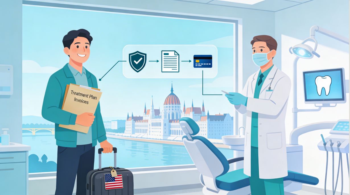 US dental tourist meeting a Hungarian dentist in a modern clinic, with documents, insurance and EHIC icons symbolising reimbursement for dental treatment in Hungary.