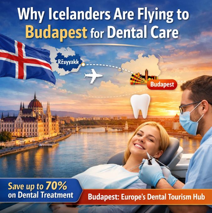 Icelandic patients traveling to Budapest for affordable dental treatment, with Budapest Parliament skyline and dentist treating a smiling patient, illustrating dental tourism in Hungary.
