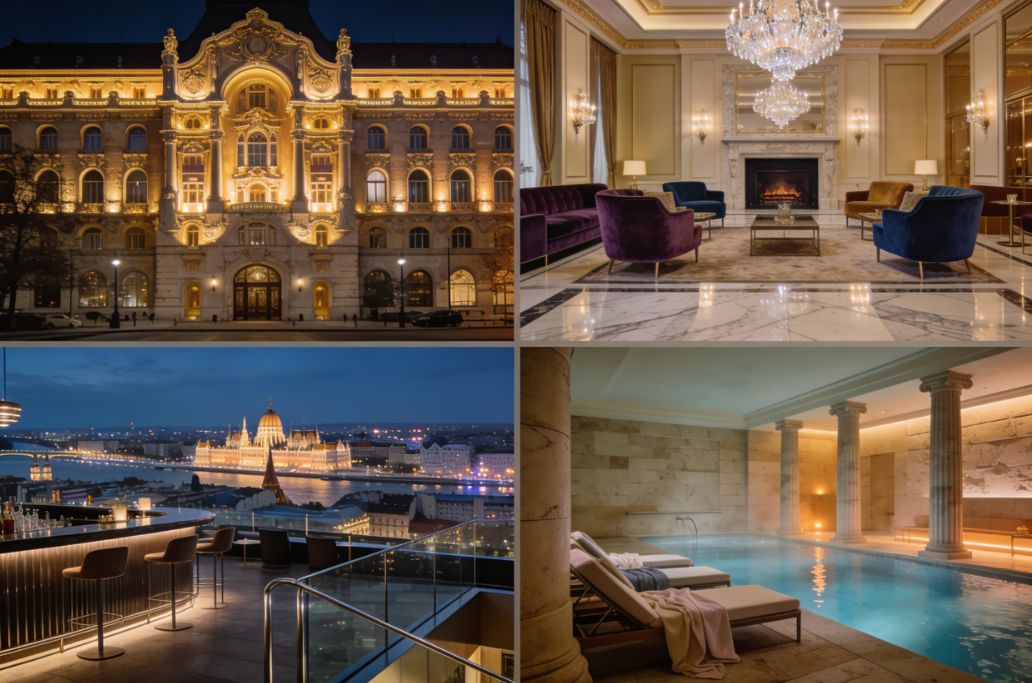 Montage of luxury 5-star Budapest hotels showing grand facade, elegant lobby, rooftop bar with city views, and indoor spa pool in Budapest, Hungary