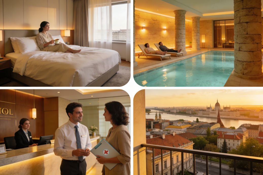 Photorealistic montage of Budapest hotels for medical tourists showing relaxing room, spa pool, helpful reception, and city skyline view in Budapest, Hungary