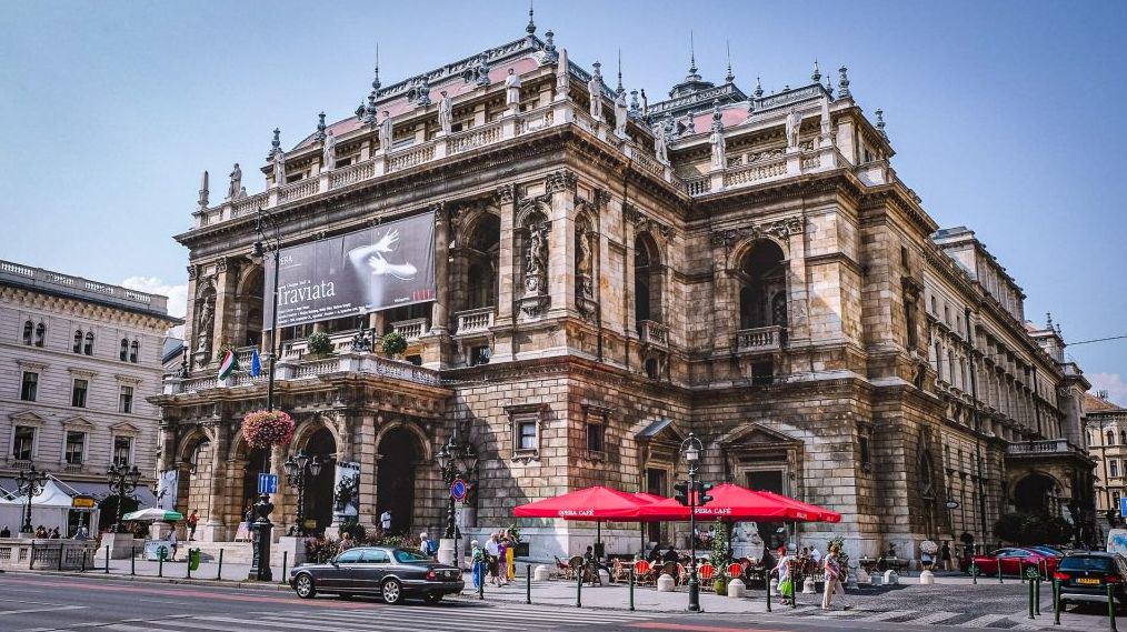 Budapest Opera House Hungary: Hungarian State Opera House facade on Andrássy Avenue in Budapest with ornate neo‑Renaissance architecture and pedestrians in front